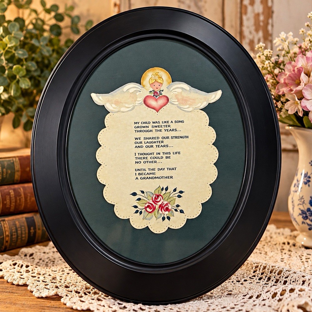 Hand Painted Grandmother Angel Poem Framed Folk Art Roses Heart Oval Wall Decor